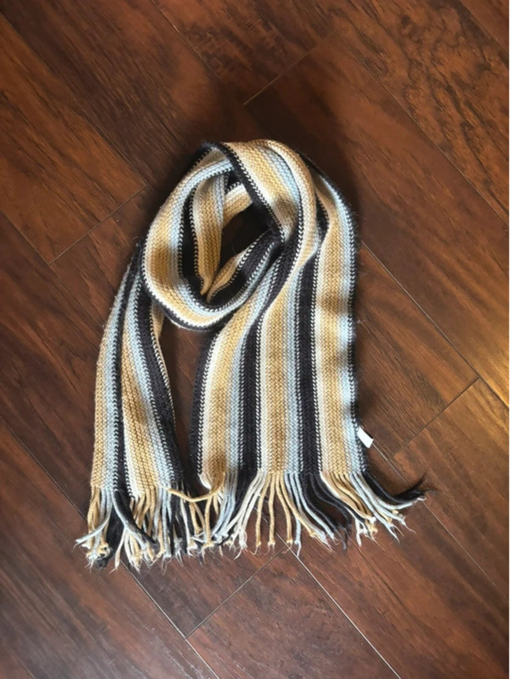 Indie boho navy and cream Striped yellow scarf with fringe